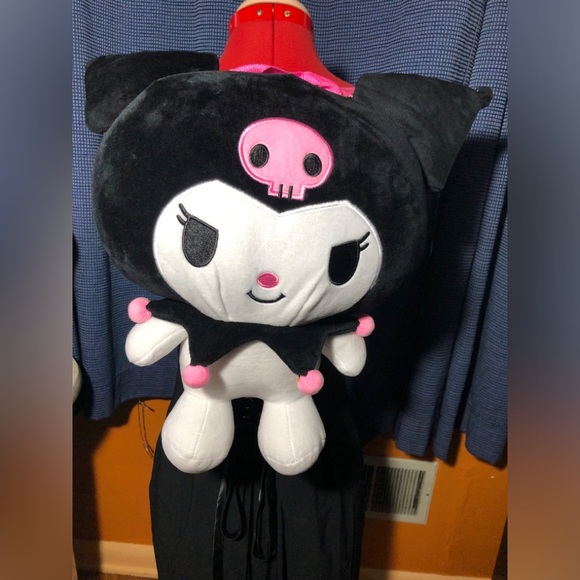 Sanrio Handbags - Kuromi Plush Backpack, featuring a zippered pouch and pink adjustable straps.